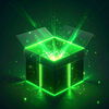 Icon of a slightly open 3D gift box with glowing neon green light for the exclusive giveaway