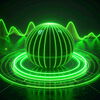 Icon featuring a glowing disco crystal ball with green laser beams and audio equalizer waves